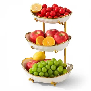 Simcat 3-Schicht Obstschale Keramik mit Metallgestell - Etagere Dekoschale für Küche/Wohnzimmer, Serviert Obst/Gemüse/Snacks, Geschenkfertig (White)