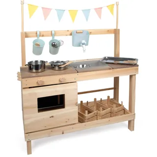 small Foot Matschküche und Kaufladen aus Vollholz, XL-Matschküche/Outdoorkaufladen, beidseitig bespielbar, mit viel Zubehör, Outdoor-Spielspaß, 12790