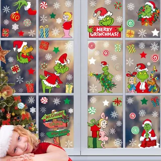 Aoiuenok Grinch Weihnachtsaufkleber,9 Blatt Grinch Fensteraufkleber,Grinch Fensterdeko,Doppelseitige Grinch Deko,Weihnachtsaufkleber für Zuhause Schule Party Fensterdeko