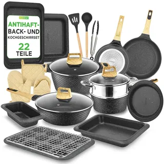 NutriChef Pfanne & Topfset Schwarz Marmor – 22-teiliges Antihaft-Kochgeschirr Marmoroptik Pfannenset mit Grillzange Küchenutensilien Backform und Ofenhandschuhen Induktion geeignet spülmaschinenfest