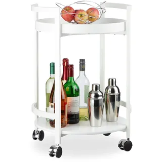 Relaxdays Servierwagen Holz, Teewagen, Rollwagen, rund, Ablage, mit Serviertablett, 2 Etagen, HxBxT: 71x50x46 cm, weiß