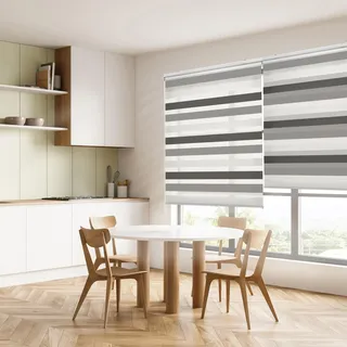 Blindecor Lira duo rollo tag und nacht , tricolor Braun, Grau, Weiß - 80 x 180 cm (Breite x Länge). Stoffgröße 77 x 175 cm. Doppelrollo für fenster