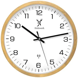 Holzwerk Germany Holzwerk ARNSBURG Natur Funkwanduhr Funk Wanduhr Holz-Uhr Vintage Funkuhr lautloses Uhrwerk ohne Tickgeräusche Buche Braun Weiß lautlos aus handgefertigtem Massivholz Natur Holz 30 cm