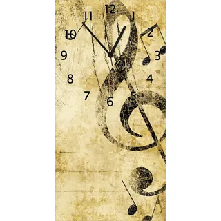 Wallario Design Wanduhr Musik als Leidenschaft Notenschlüssel in braun aus Echtglas, Größe 30 x 60 cm - Schwarz