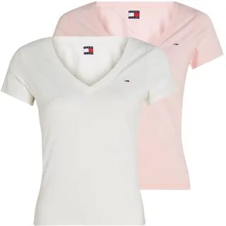 Tommy Jeans Damen 2er Pack T-Shirts Kurzarm mit V-Ausschnitt, Mehrfarbig (Ecru/Precious Pink), XS