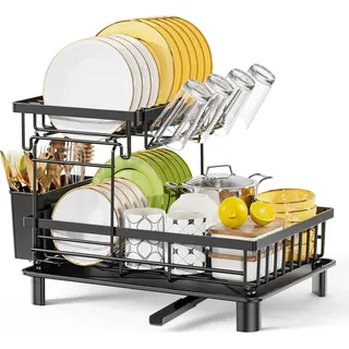 Abtropfgestell Edelstahl 2-Tier Groß Schwarz Utensilienhalter Getränkehalter