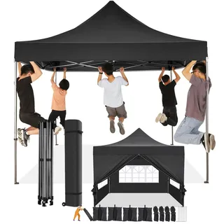 COBIZI Faltpavillon 3x3 Wasserdicht Stabil Winterfest mit Seitenwand,Pop Up Pavillon Partyzelt,Sonnenschutz Gartenpavillon,Pavillon Faltbar mit Tasche mit Rollen(3 mal 3m Schwarz)