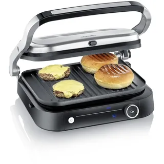 SEVERIN SEVINI PRO Kontaktgrill für Sandwiches, Steak und als Panini Grill, antihaftbeschichteter Sandwich Maker für fettfreies Grillen, mit 7 Automatikprogrammen, 1800 W, schwarz/silber, KG 2395