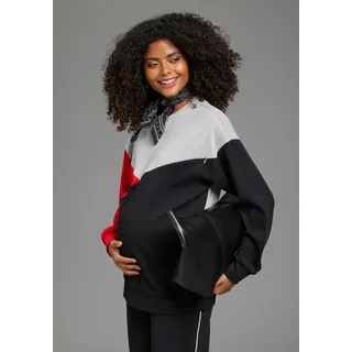 Neun Monate Umstandssweatshirt "Colorblocking Sweat mit Zipper zum Stillen, Umstands- und Stillshirt", Langarm, aus Jersey-Material, aus Baumwolle mit Viskose-Einsatz, schwarz gemustert