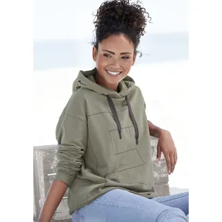 Kapuzensweatshirt ELBSAND "Dea", Damen, Gr. M (38), grün (khaki), Sweatware, Obermaterial: 95% Baumwolle, 5% Elasthan, unifarben, figurumspielend hüftlang, Sweatshirts Kapuzensweatshirt, Hoodie mit Logodruck vorne, Topseller