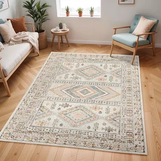 Livabliss Dublin Vintage groß - Wohnzimmer 200x275 cm, Esszimmer, Schlafzimmer, Orientalischer e Boho Style - Carpet Living Room, Bunter Muster, Elfenbein, Rosa und Grau