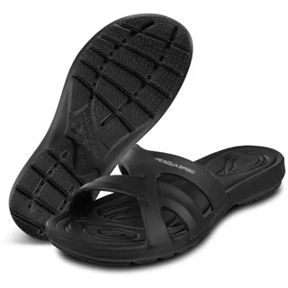 Aqua Speed Strandset Damen | Ultraleichte Duschlatschen Gr. 37 + Mikrofaserhandtuch | Sommerliche Badelatschen, elastisch, schwarz | Modell Panama | EIN Muss für den Sommer