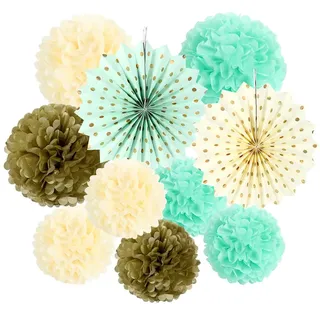 SUNBEAUTY Seidenpapier Pompoms, 10er Set Papierfächer Fans Pompons Ponponbälle Deko Rosetten Mint Grün Gold Creme für Geburtstag Hochzeit Feier Valentinstag Party Babypartys