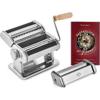 SPRINGLANE Manuelle Nudelmaschine Nonna, Edelstahl, Pastamaker inkl. Rezeptheft, Nudeltrockner, Linguineaufsatz & 3 Schneideaufsätze für Spaghetti, Lasagne, Tagliatelle - Silber - Silber