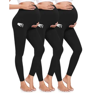 ACTINPUT 3er Pack Umstandsleggings Damen Blickdicht High Waist Umstandshose Elastisch Schwangerschaftsleggings mit Taschen Umstandsmode Schwarz Leggings for Schwangerschaft(Schwarz,M)
