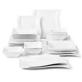 MALACASA Flora Geschirrset eckig 6 Personen 26-tlg Porzellan Teller Set | Kombiservice mit je 6 Essteller, Kuchenteller, Suppenteller, Müslischalen & 2 Rechteckig Servierplatten, Weiß