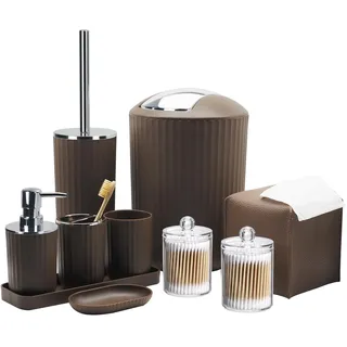 bthenov Badezimmer-Zubehör-Set,10-teiliges braunes Badezimmer-Zubehör-Set mit Mülleimer, Zahnbürstenhalter und Tasse, Seifenspender, Seifenschale, WC-Bürstenhalter, Qtip-Halter, Taschentuchbox Abdeckung