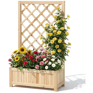 Hochbeet mit Rankgitter aus Holz, Pflanzkasten mit Rankhilfe für Kletterpflanzen, Vertikales Gartenbeet für Blumen, Gemüse & Kräuter, Blumenkasten für Balkon, Terrasse & Garten, Höhe 100cm