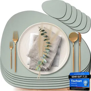 Mahewa® 6er Set Premium Tischset aus Kunstleder - Platzset abwaschbar und wasserdicht - Platzdeckchen Telleruntersetzer in Lederoptik (Salbeigrün, Oval)
