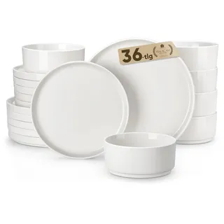 MALACASA LEAH Geschirrset 12 Personen, 36-tlg Weiß Porzellan Teller Set | modernes Tafelservice mit je 12 Essteller, Kuchenteller & Müslischalen, spülmaschinenfest, mikrowellengeeignet
