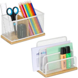 Relaxdays Schreibtisch Organizer Set 2-TLG., Metall, Briefständer & Stiftehalter, Büro-Organizer, Bambus, weiß/Natur