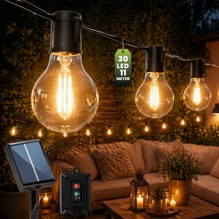 LUMILED Solar Lichterkette für Außen 10,7M 30x A60 LED Lampen Dekorative Glühbirnen IP44 spritzwasserdicht Wetterfest 8 Leuchtmodi Warmweiß 2700K Beleuchtung Garten Terrasse Balkon Party Deko Kugeln Solarleuchte - Schwarz