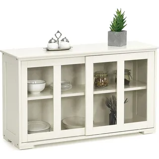 Sideboard mit Glastüren, Küchenschrank Anrichte mit hoehenverstellbarer Ablage, Kommode beistellschrank für Küche, Wohnzimmer oder Flur, 106,5 x 33 x 62,5cm (cremeweiss) - Weiß