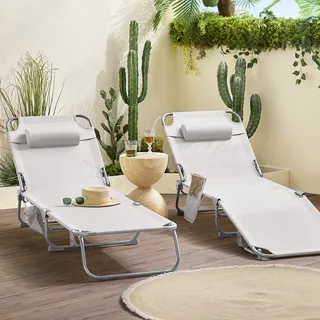 SoBuy 2-er Set Gartenliege luftig klappbar Sonnenliege Liegestuhl für Gärten, Höfe, Strände, Balkone Zwei Stühle Beige OGS35-MIx2 - Beige