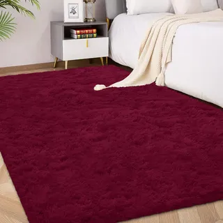 FVVRAX Hochflor Teppich Schlafzimmer 120x180 cm, Weinrot Weicher Flauschiger Teppiche für Wohnzimmer, Indoor-Boden Kuscheliger Teppich für Kinder Home Decor Ästhetik