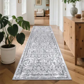 Enyhom Läufer Flur rutschfest 75 x 243cm Vintage Boho Küchenläufer Hochwertig Teppich Küche Waschbar Flauschig Weich Teppich Läufer für Waschküche Eingang, Grau