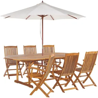 BELIANI Gartenmöbel Set mit Sonnenschirm Hellbraun Akazienholz 6-Sitzer 6-teilig Ausziehbarer Tisch Outdoor Garten Terrasse Balkon Ausstattung Möbel - Braun, Beige