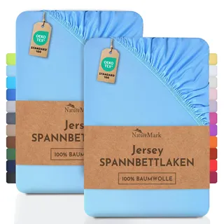 NatureMark 2er Pack Kinder Jersey Spannbettlaken, Spannbetttuch 100% Baumwolle in vielen Größen und Farben MARKENQUALITÄT ÖKOTEX Standard 100 | 70x140 cm - hell blau