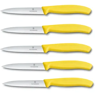 Victorinox 5-tlg Gemüsemesser Set Swiss Classic Gelb – 10 cm mit Wellenschliff – Tomatenmesser