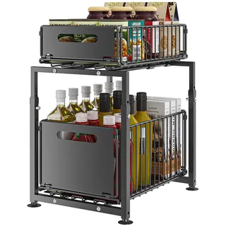 YunNasi Unterschrank Organizer küchenschrank mit 2 Etagen küchenregal Arbeitsplatte Metall Unterspüle für Badezimmer (Schwarz, Modell-A)
