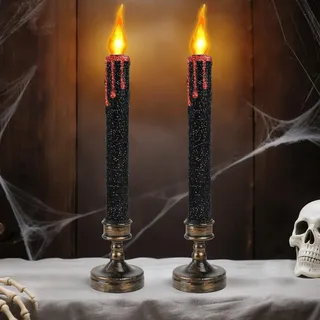 EKKONG 2 Stück Halloween LED Kerzen 24.5cm Blutkerzen LED Kerze Halloween Candle Schwarz Stabkerzen Halloweendeko Kerzen Beleuchtung für Tischdeko, Kamin, Fensterbank, Partys, Geschenk