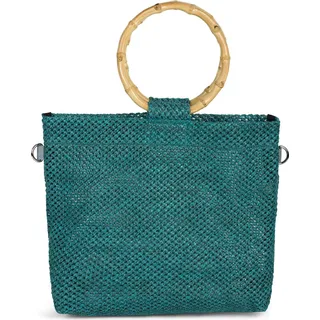 styleBREAKER Damen Henkeltasche mit Bambus Henkel in halb transparenter Häkel Optik, Handtasche, Tasche 02012286 - Petrol
