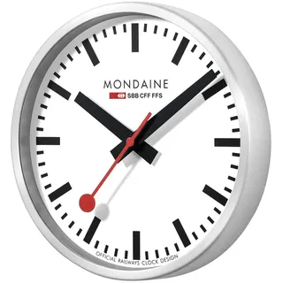 Mondaine - Wanduhr A990.Clock.16SBB 25cm - Bahnhofsuhr in Silber aus gebürstetem Aluminium mit rotem Sekundenzeiger - Hergestellt in der Schweiz staubbeständig - Hergestellt in der Schweiz