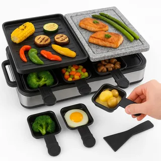 Raclette 8 Personen Set - Mit Tischgrill & Grillplatte & Steinplatte Funktion - inkl. Pfännchen & Schaber - 1400 Watt - ECKIG