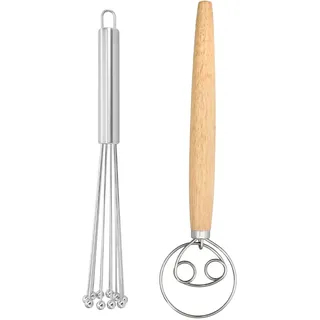 2-Teiliges Set, 10-Perlen-Schneebesen Aus Edelstahl & Teigmischer Mit Eichengriff, DäNischer Schneebesen Geeignet Zum Backen, Kochen, Mischen