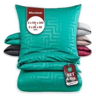 BaSaTex Mikrofaser Bettwäsche im Prägedruck 4 teilig 2X 135x200 + 2X 80x80 | mit Reißverschluss | Allergiker geeignet und ÖkoTex Zertifiziert | Labyrinth Smaragd Grün