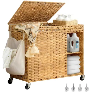 Klippehop 160L Wäschekorb mit Rollen und Regal, Wäschewagen mit Deckel