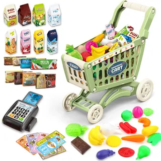deAO Kinder Einkaufswagen Wagen für Lebensmittel Kleinkinder 65 Lebensmittel Obst Gemüse Pretend Play Lebensmittel Rolle Spielen pädagogisches Spielzeug Spielen Küche Spielzeug speichern playset Grün