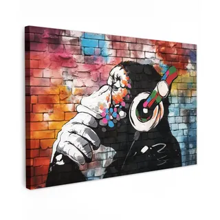 MuchoWow Leinwandbild Affe - Graffiti - Musik Gemälde 60x40 cm , Textil , Rechteckig , 60x40 cm , FSC 100% , gerahmt , Bilder & Rahmen, Bilder, Leinwandbilder