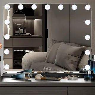 Clevich Hollywood Schminktischspiegel mit Beleuchtung, Schminktisch Spiegel Mit 15 LED und 3 Lichtfarben, Kosmetikspiegel mit Touch-Steuerung, USB-Ausgang und 10-facher Lupe, 58 x 46cm Schwarz
