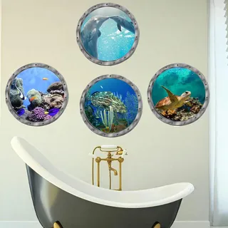 Bustlwor 4 Stück 3D Wandtattoo Unterwasserwelt, Wandsticker Badezimmer Bilder, Wandtattoo 3D Bullauge, für Kinderzimmer Schlafzimmer Wohnzimmer Bad Wanddeko