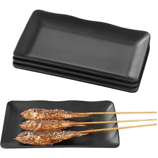 LEKEFETO 4er Servierteller Set aus Melamin - Rechteckige Schwarz Matt Teller für BBQ, Hotpot & Party | Spülmaschinengeeignet & Unzerbrechlich (20.5x12.5cm)