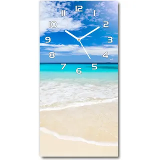 Wanduhr aus Glas – 30x60 cm - Glasbild - Glasuhr - Gehärtetes Glas -Tropischer Strand - Blau