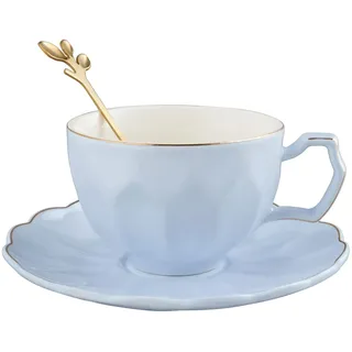 fanquare 200ml Blaue Kaffeetasse mit Löffel, Elegante Porzellan Teetasse mit Untertasse, Britische Frauen Teetasse für Hochzeit, Geburtstag Geschenk