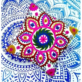 Traditional Jaipur Suzani Bestickt Kissenbezug, indisches Outdoor Kissen, 40,6 x 40,6 cm, POM POM Kissenbezug, Boho Kissen, für Sofa Dekoration, Kinderzimmer, Wohnzimmer, Deko etc.