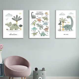 3 Poster Dinosaurier Kinderzimmer Deko Leinwand Wanddekoration Grün Babyzimmer Geschenk